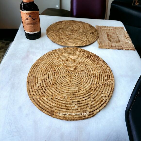 Other - Set Of 2 Vtg Wicker Round Placemats Thick Weave Natural Rattan Woven Table Wall